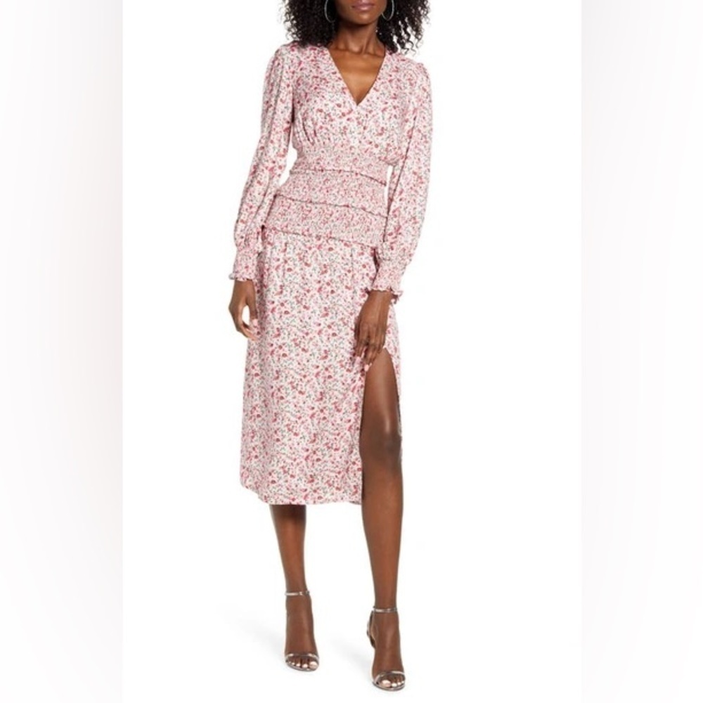 AFRM HAZEL FLORAL SMOCKED LONG SLEEVE MIDI DRESS IN BABY PINK DITSY Size Small